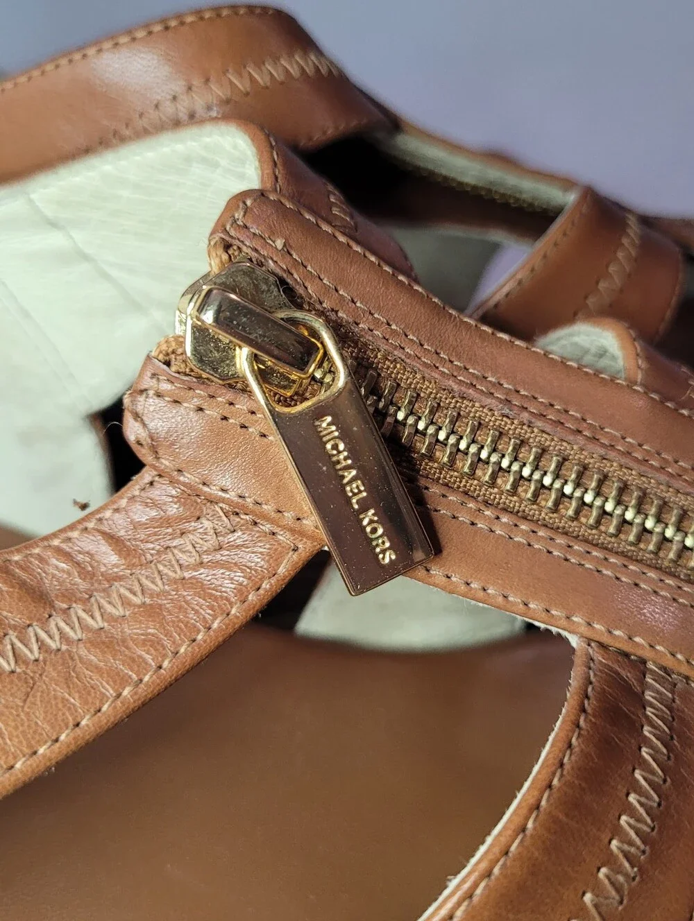 Michael Kors - Tan Leather Zip-Front Platform Wedge Sandals -  Size 10M